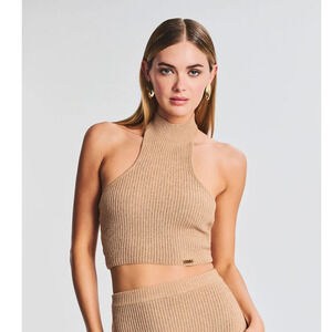 NWT SER.O.YA Women's Halter Neck Ribbed Tru Top Sleeveless Beige Size L